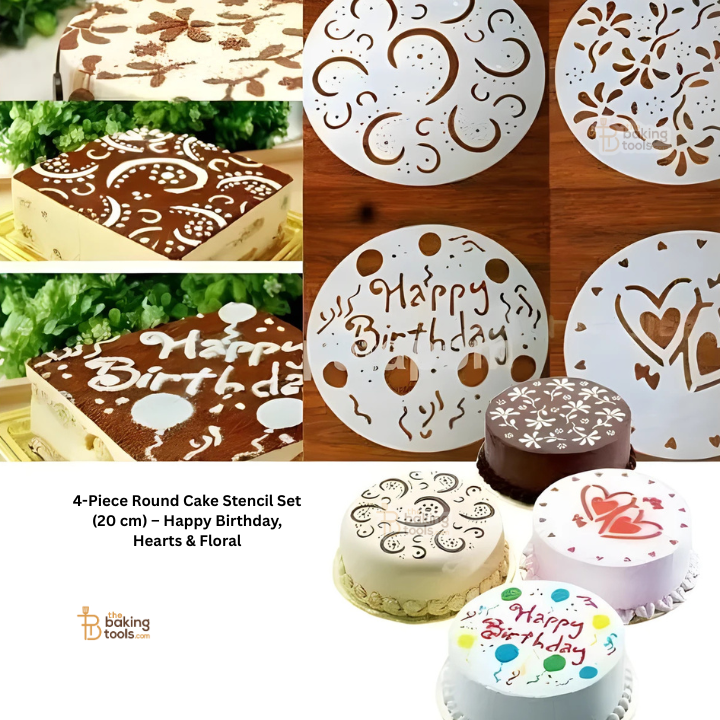 4-Piece Round Cake Stencil Set (20 cm) – Happy Birthday, Hearts & Floral