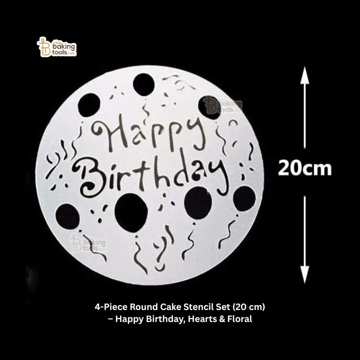 4-Piece Round Cake Stencil Set (20 cm) – Happy Birthday, Hearts & Floral