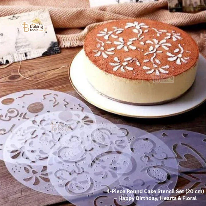 4-Piece Round Cake Stencil Set (20 cm) – Happy Birthday, Hearts & Floral
