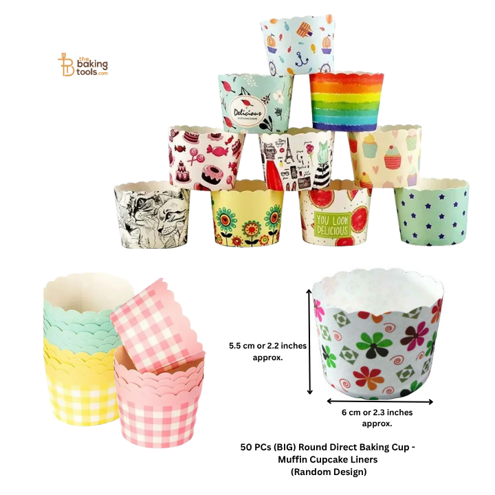 50 PCs (Big) Round Direct Baking Cup - Muffin Cupcake Liners | Baking Cup | Bake And Serve Mould (Random Design)