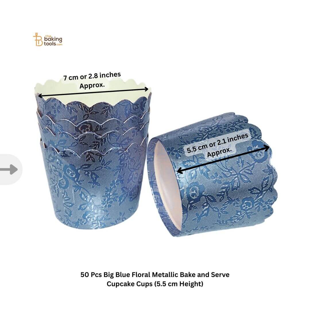 50 Pcs Big Blue Floral Bake and Serve Paper Cupcake Cups (5.5 cm Height)