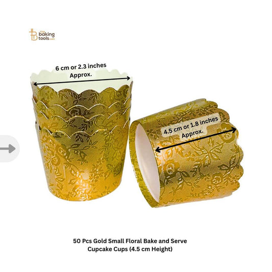 50 Pcs Gold Small Floral Bake and Serve Cupcake Cups (4.5 cm Height) _ The Baking Tools