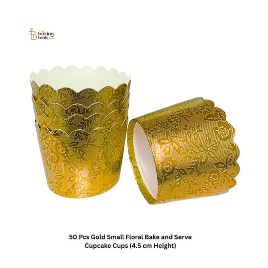 50 Pcs Gold Small Floral Bake and Serve Cupcake Cups (4.5 cm Height)