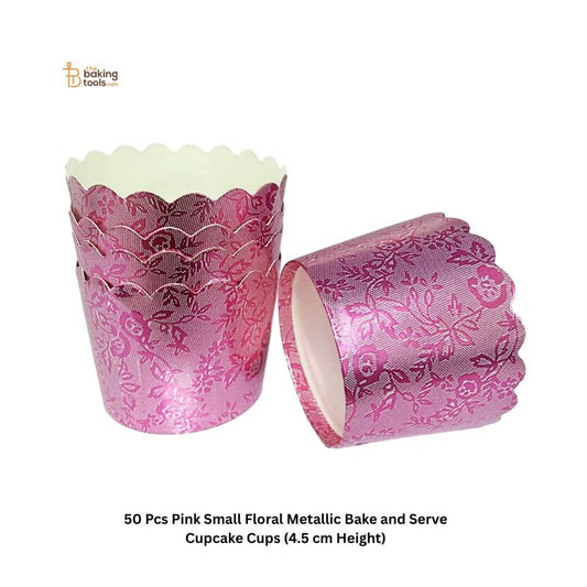 50 Pcs Pink Small Floral Metallic Bake and Serve Cupcake Cups (4.5 cm Height)_ The Bakging Tools