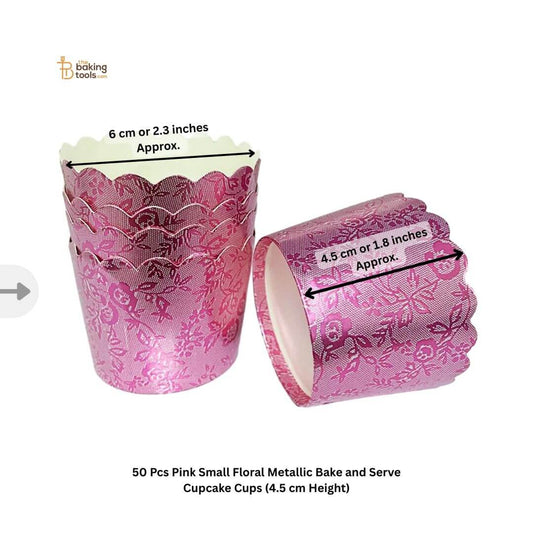 50 Pcs Pink Small Floral Metallic Bake and Serve Cupcake Cups (4.5 cm Height)_ The Bakging Tools