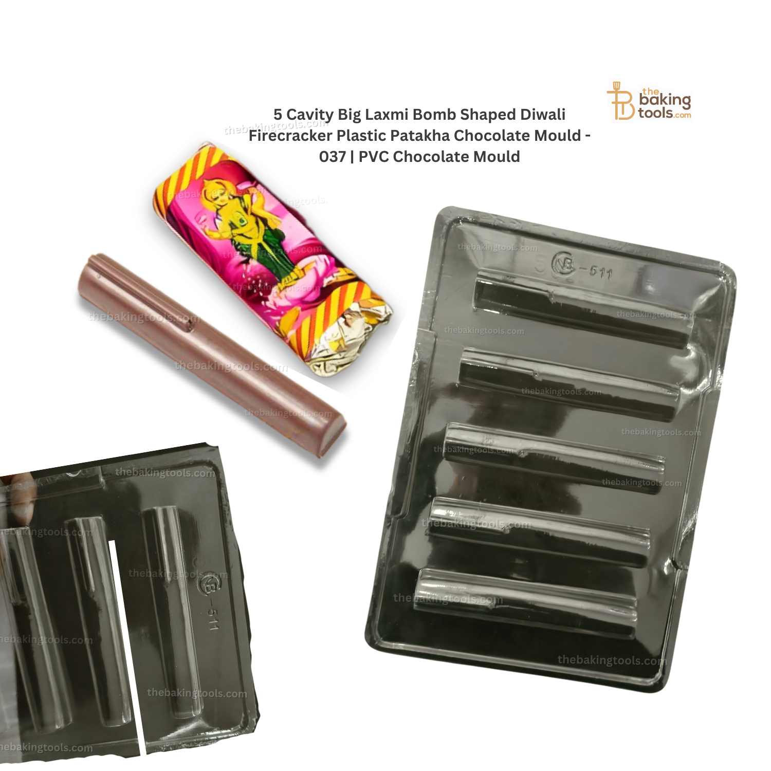 5 Cavity Big Laxmi Bomb Shaped Diwali Firecracker Plastic Patakha Chocolate Mould - 037 | PVC Chocolate Mould _ the baking tools ( its an image of the mould and with its out come chocolate of how it will look like)