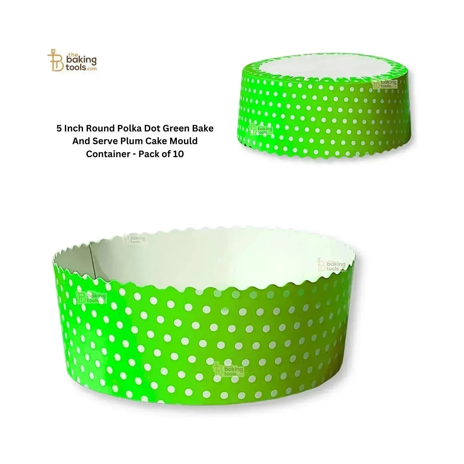 5 Inch Round Polka Dot Green Bake And Serve Plum Cake Mould Container - Pack of 10 - thebakingtools.com