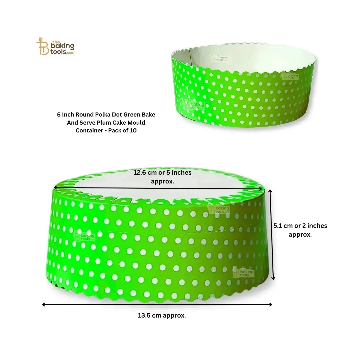 5 Inch Round Polka Dot Green Bake And Serve Plum Cake Mould Container - Pack of 10 - thebakingtools.com