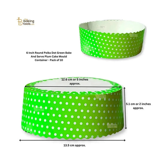 5 Inch Round Polka Dot Green Bake And Serve Plum Cake Mould Container - Pack of 10 - thebakingtools.com