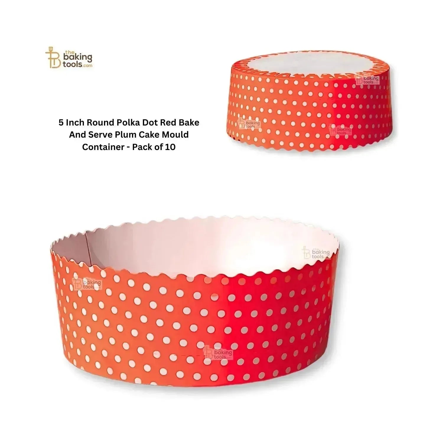 5 Inch Round Polka Dot Red Bake And Serve Plum Cake Mould Container - Pack of 10 - thebakingtools.com