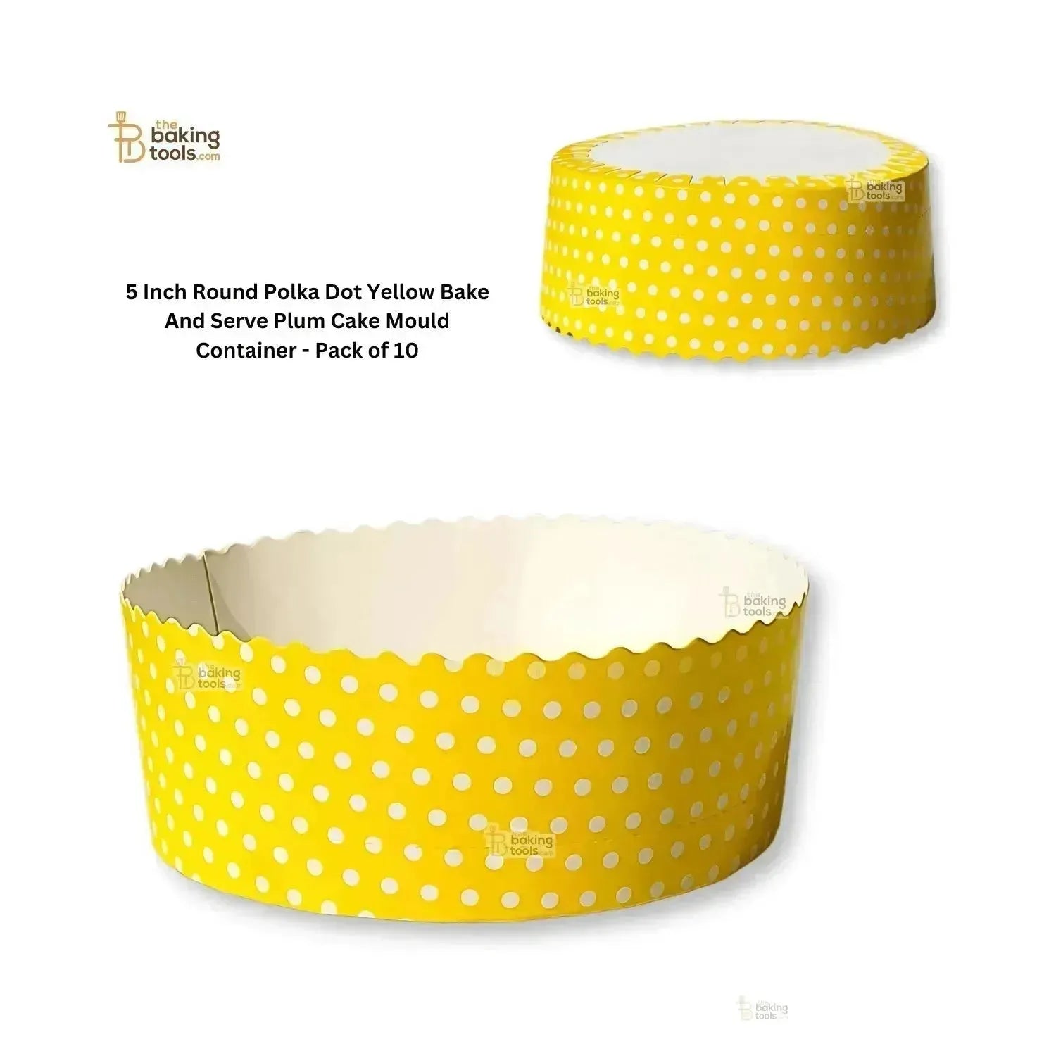5 Inch Round Polka Dot Yellow Bake And Serve Plum Cake Mould Container - Pack of 10 - thebakingtools.com