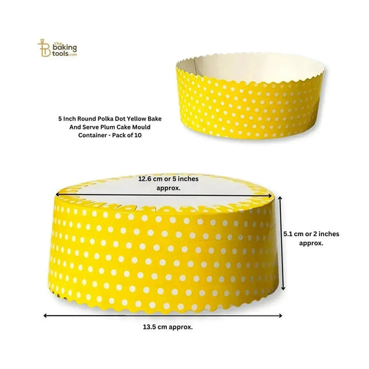 5 Inch Round Polka Dot Yellow Bake And Serve Plum Cake Mould Container - Pack of 10 - thebakingtools.com