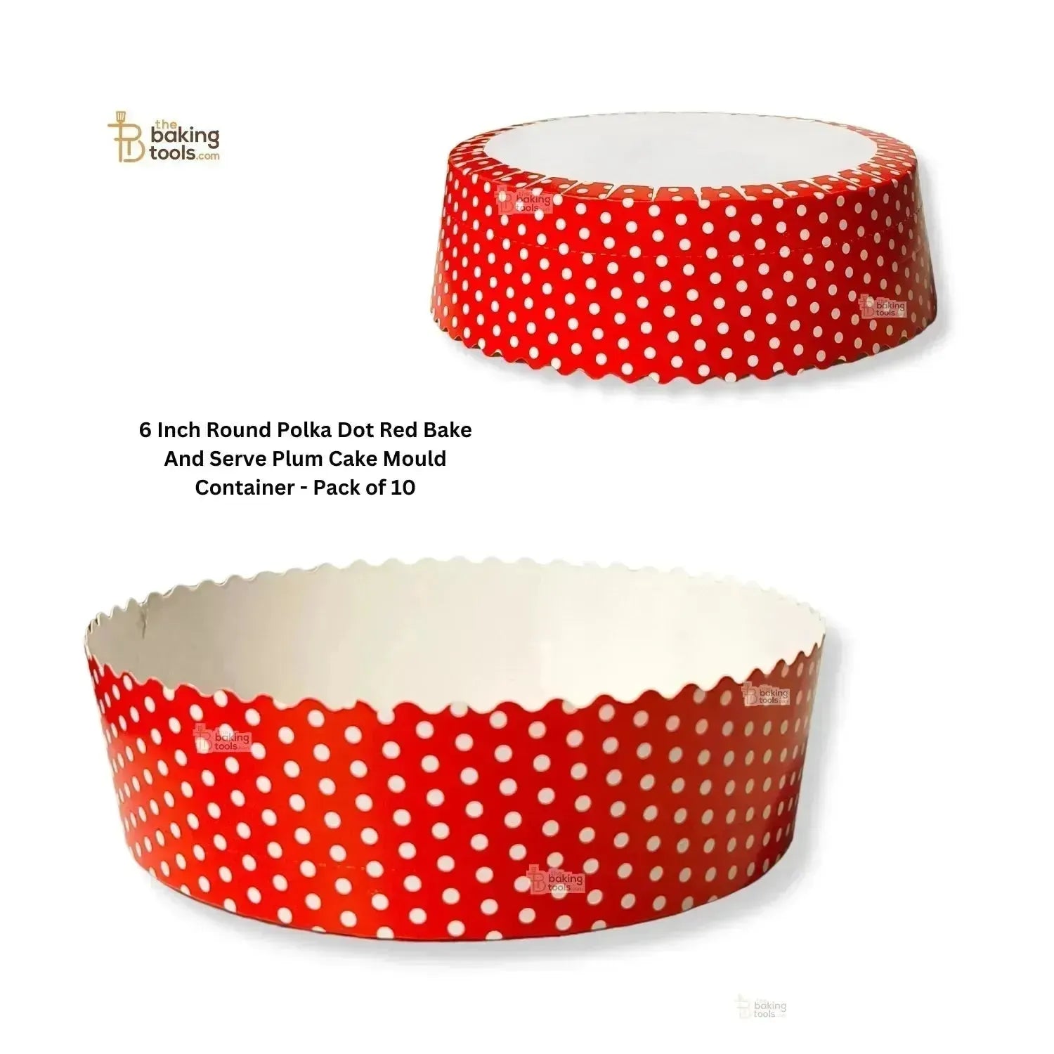 6 Inch Round Polka Dot Red Bake And Serve Plum Cake Mould Container - Pack of 10 - thebakingtools.com