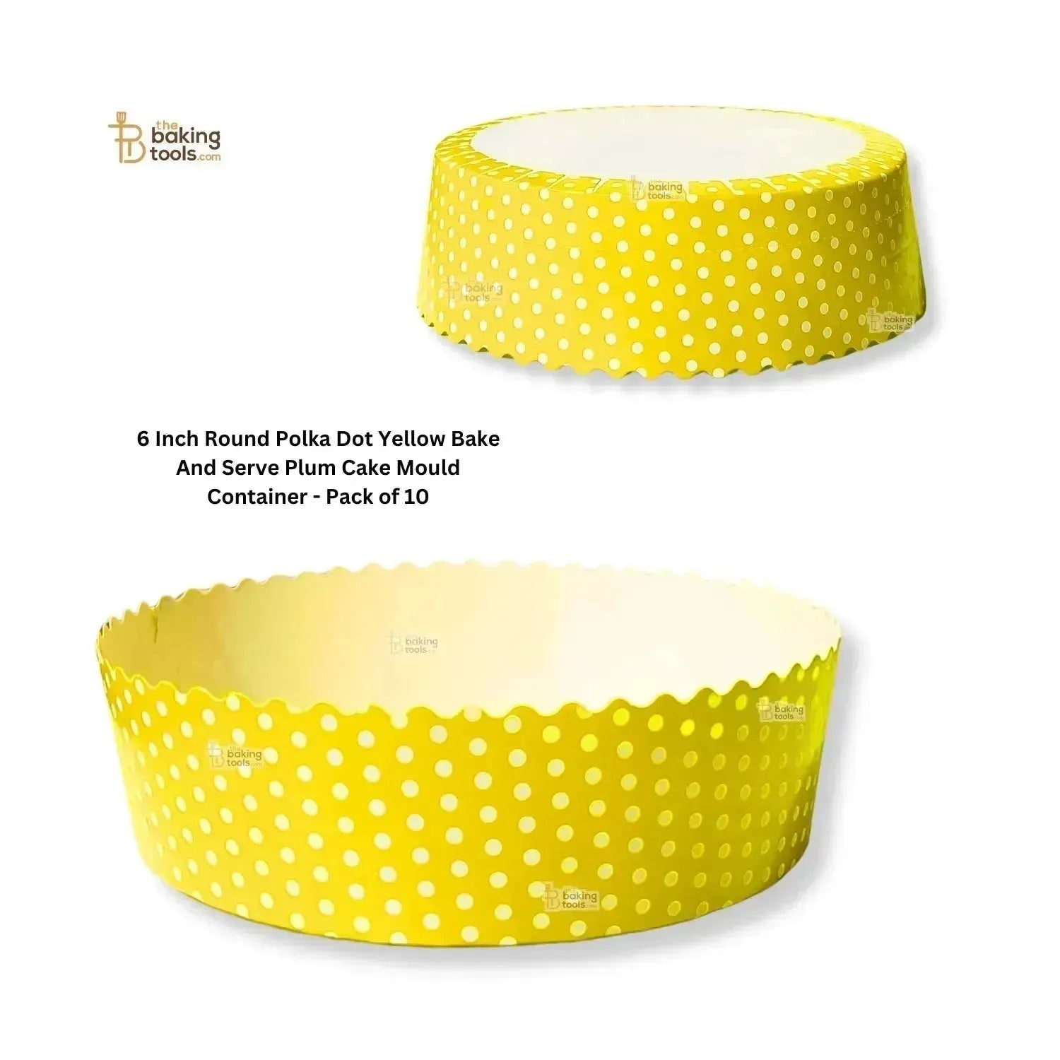 6 Inch Round Polka Dot Yellow Bake And Serve Plum Cake Mould Container - Pack of 10 - thebakingtools.com