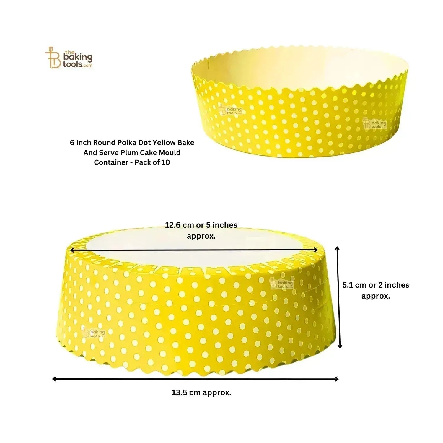 6 Inch Round Polka Dot Yellow Bake And Serve Plum Cake Mould Container - Pack of 10 - thebakingtools.com