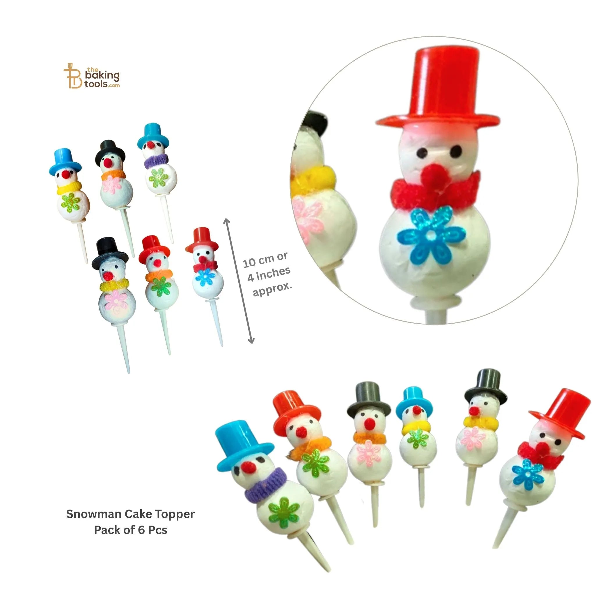 Pack of 6 snowman cake toppers with various hats on sticks, including their measurements and a close-up of one snowman, by The Baking Tools