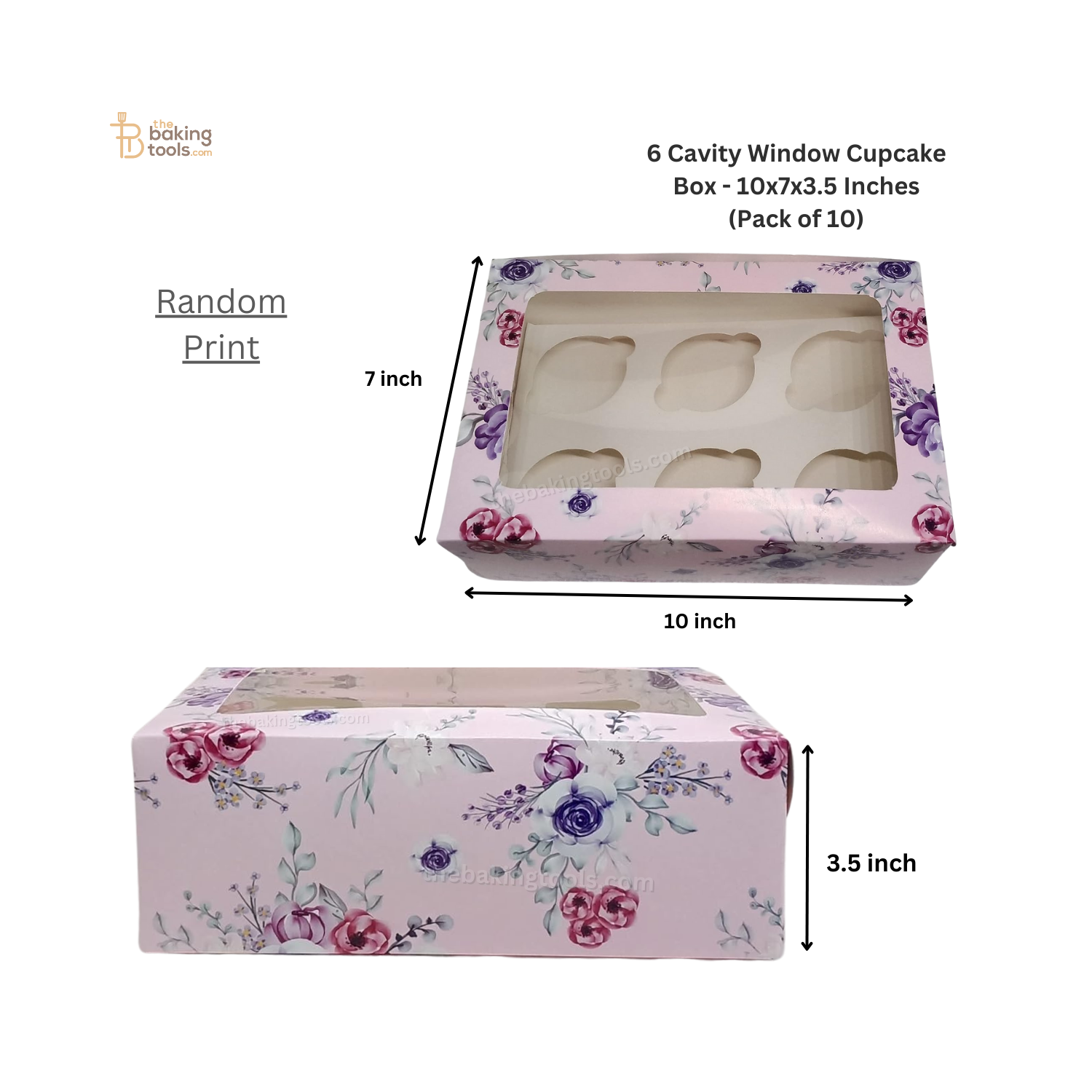 6 Cavity Window Cupcake Box - 10x7x3.5 Inches (Pack of 10) _ the baking tools ( image of an  6 cavity window cupacake box with its measurement)