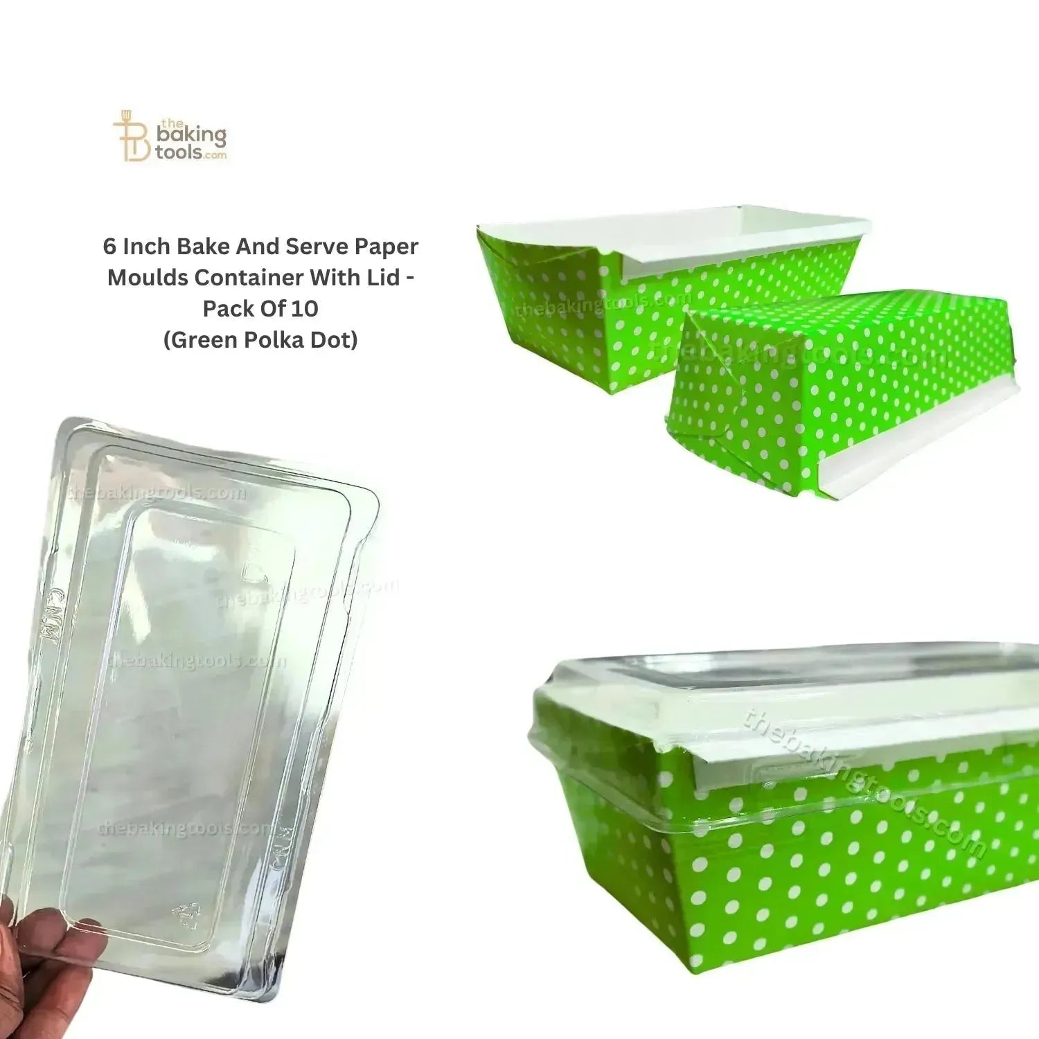 6 Inch Polka Dot Green Bake And Serve Paper Moulds Container With Lid - Pack of 10 - thebakingtools.com