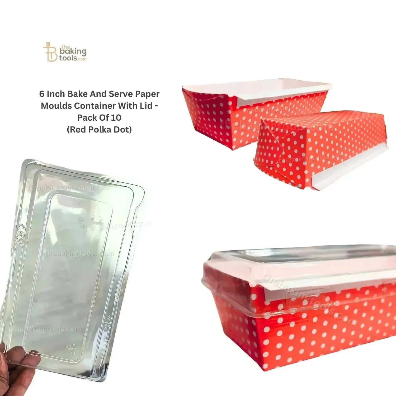 6 Inch Polka Dot Red Bake And Serve Paper Moulds Container With Lid - Pack of 10 - thebakingtools.com