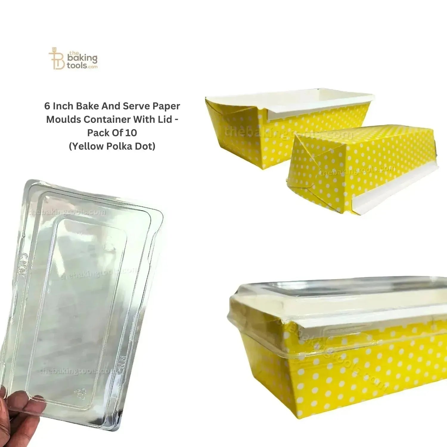 6 Inch Polka Dot Yellow Bake And Serve Paper Moulds Container With Lid - Pack of 10 - thebakingtools.com