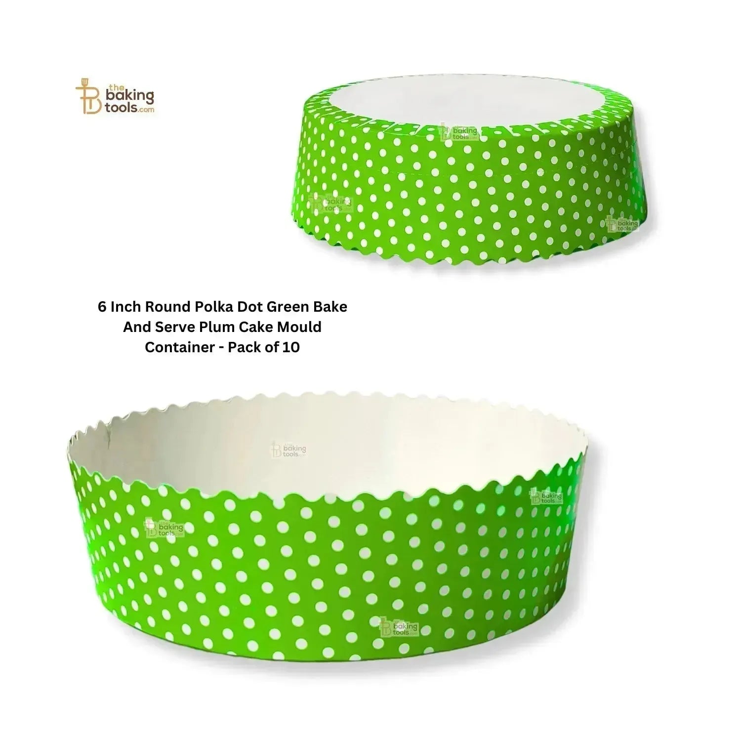 6 Inch Round Polka Dot Green Bake And Serve Plum Cake Mould Container - Pack of 10 - thebakingtools.com