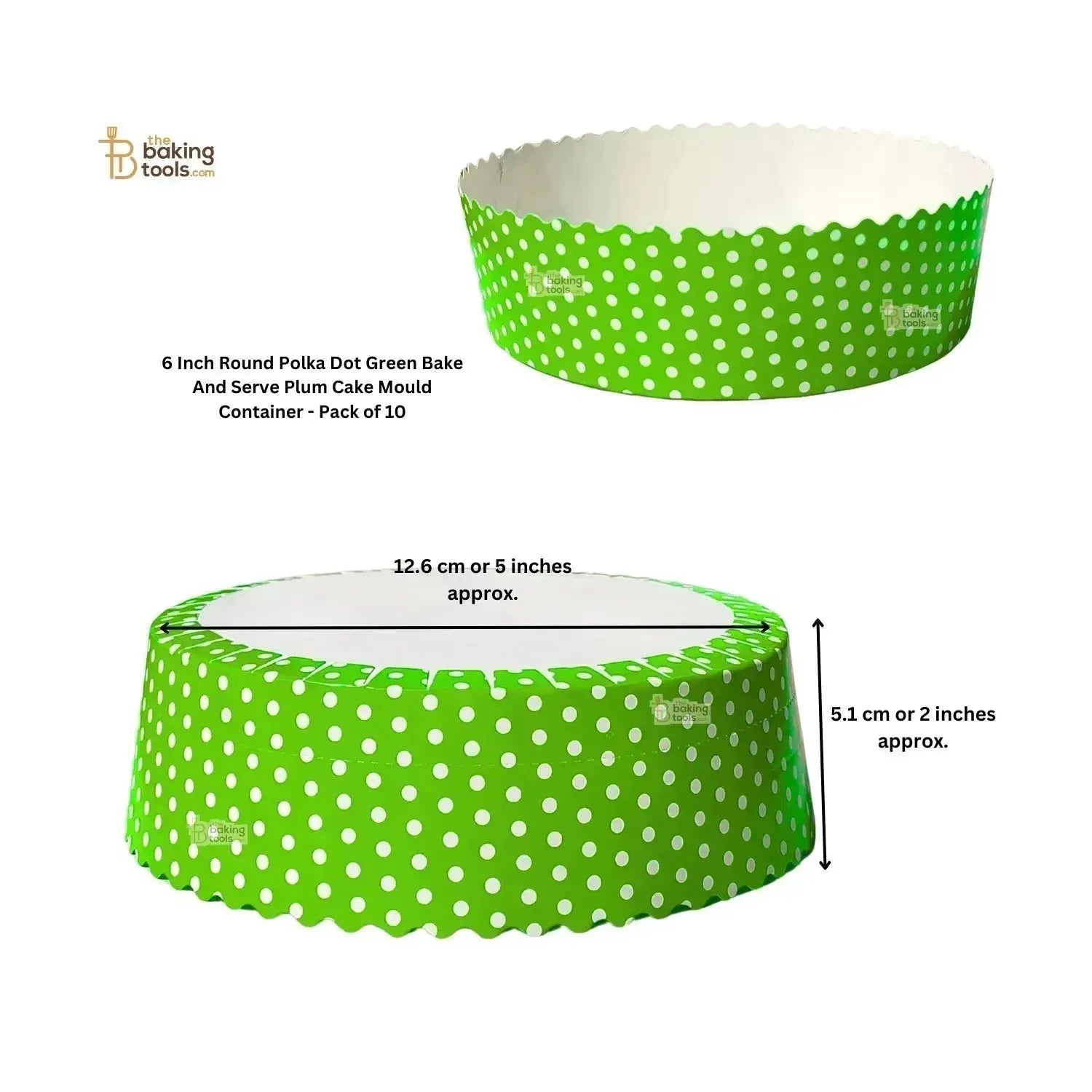 6 Inch Round Polka Dot Green Bake And Serve Plum Cake Mould Container - Pack of 10 - thebakingtools.com
