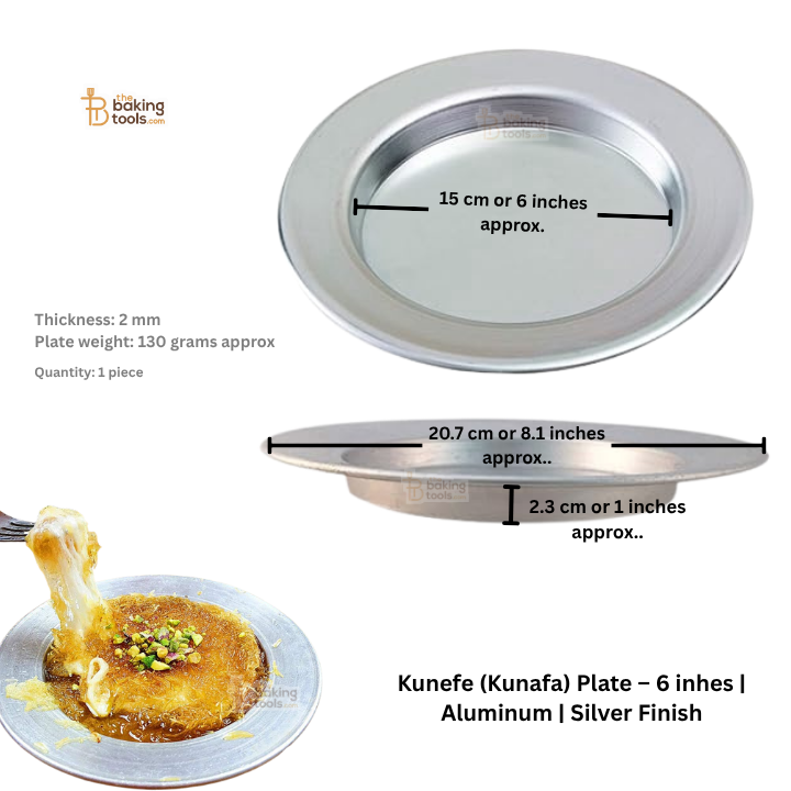 Aluminum Kunefe (Kunafa) plate with measurements and a sample dish on a white background.
