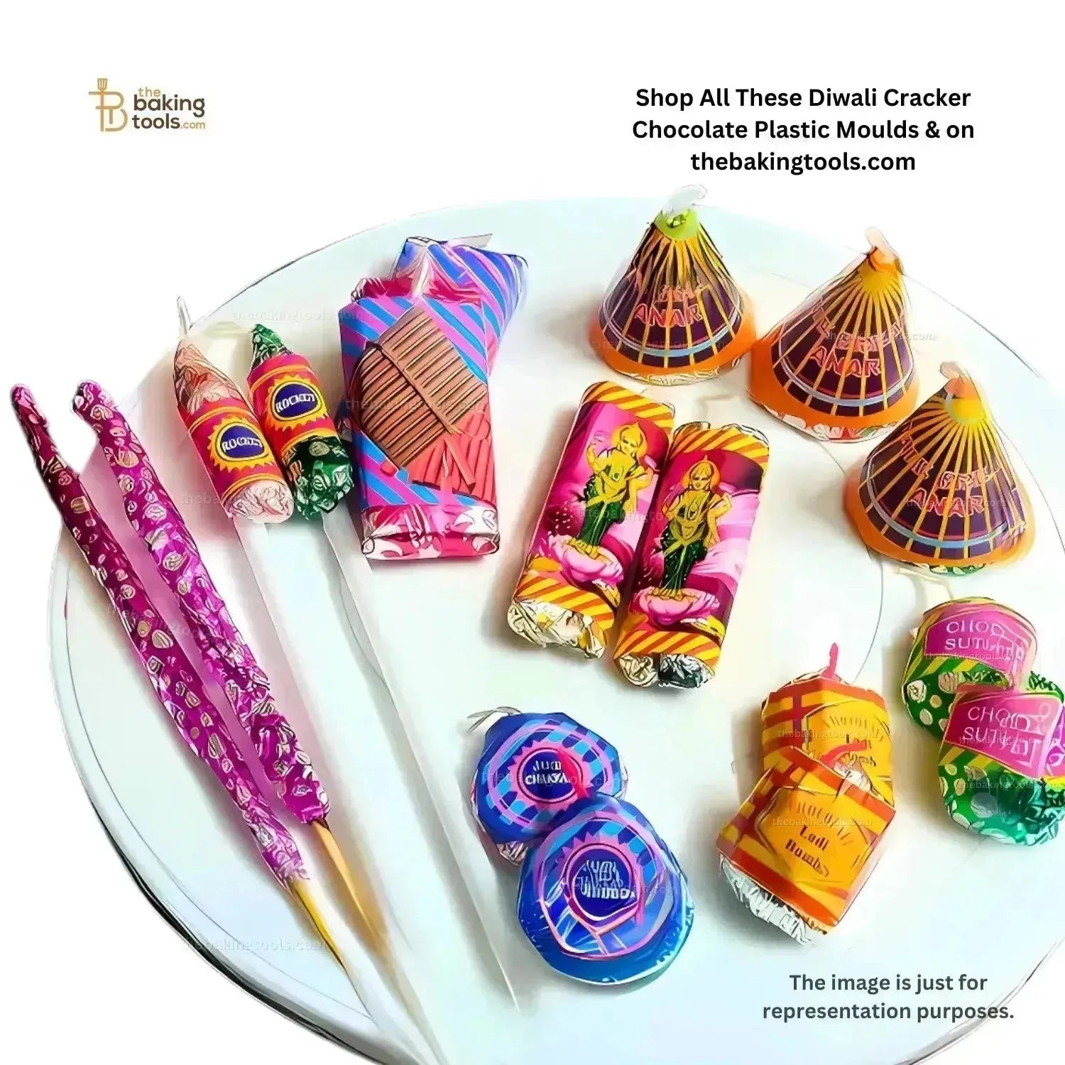 8 Cavity Big Ladi Cracker Shaped Diwali Firecracker Plastic Patakha Chocolate Mould - 034 PVC Chocolate Mould _ the baking tools (its just an representaion image showing the varienty of chocolate mould and stickers we have)
