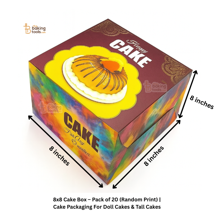Colorful cake box with dimensions and branding on a white background