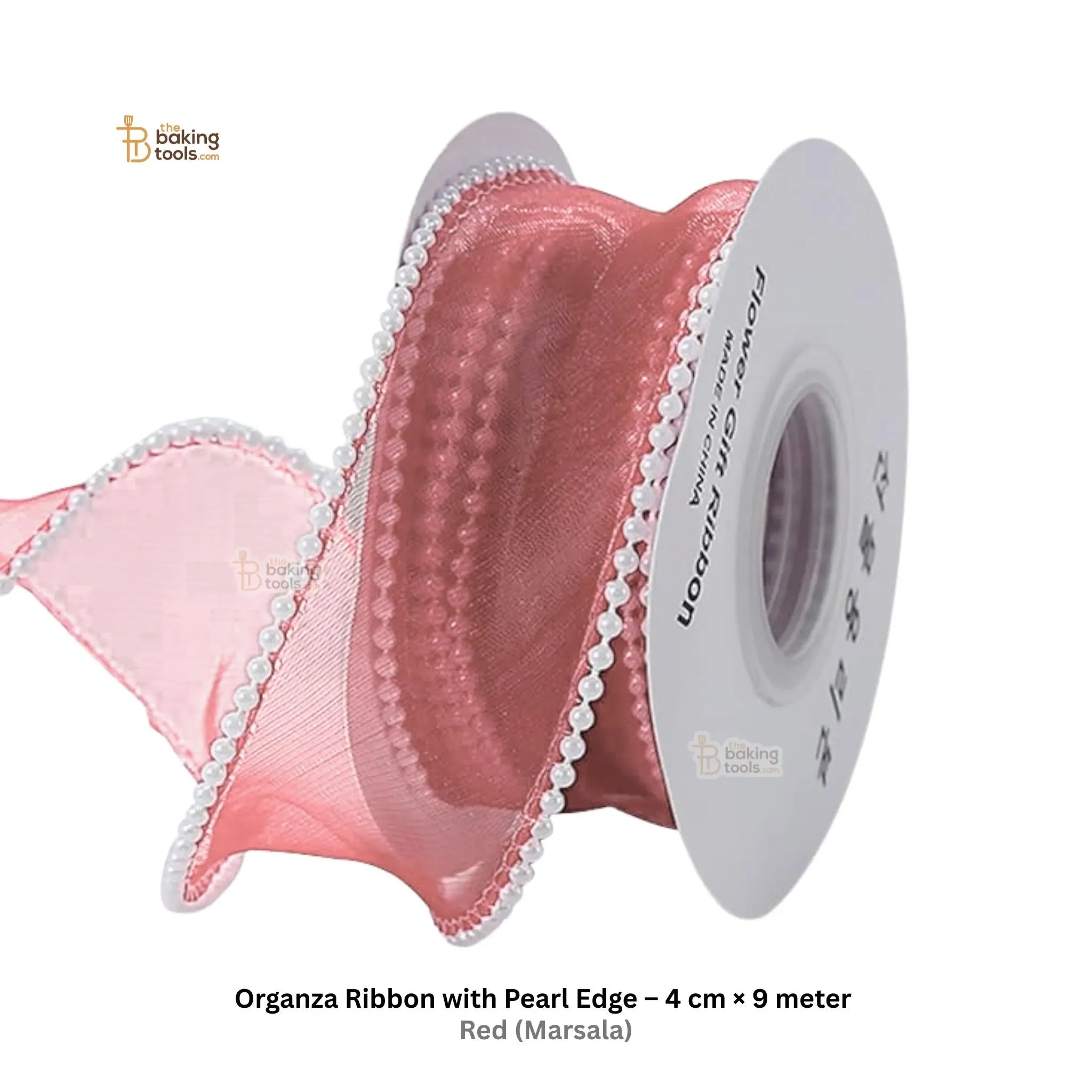 9 Meter Organza Ribbon with Pearl Edge 4 cm WIdth Red (marsala)