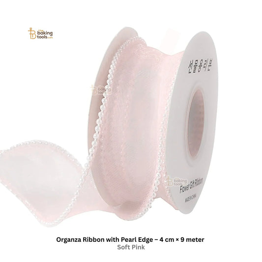 9 Meter Organza Ribbon with Pearl Edge and 4 cm Width in Soft Pink colour