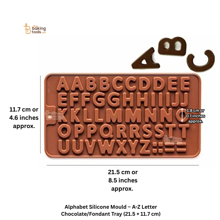 Alphabet silicone mould with letter impressions and dimensions on a white background
