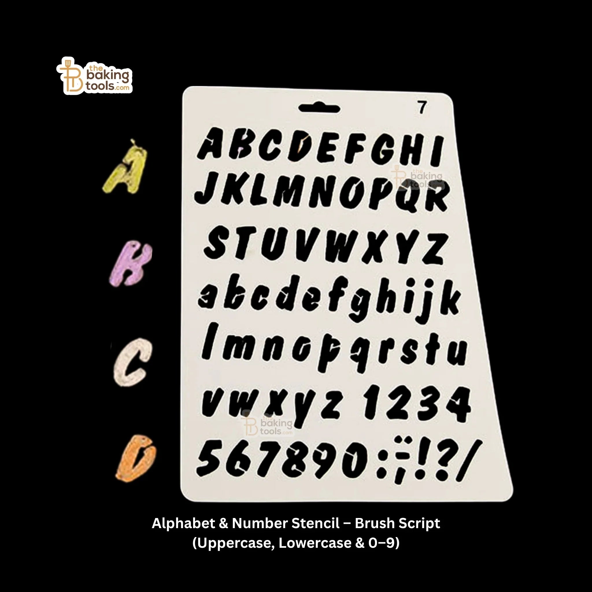 Alphabet and number stencil with brush script letters and numbers on a black background