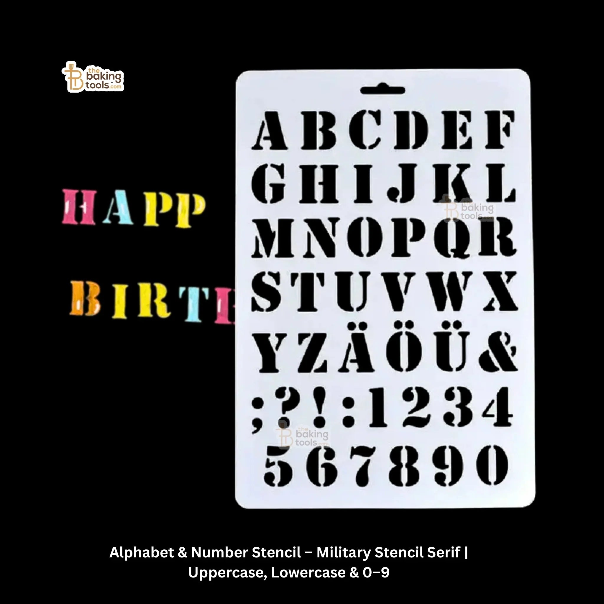 Alphabet and number stencil with military stencil serif on a black background