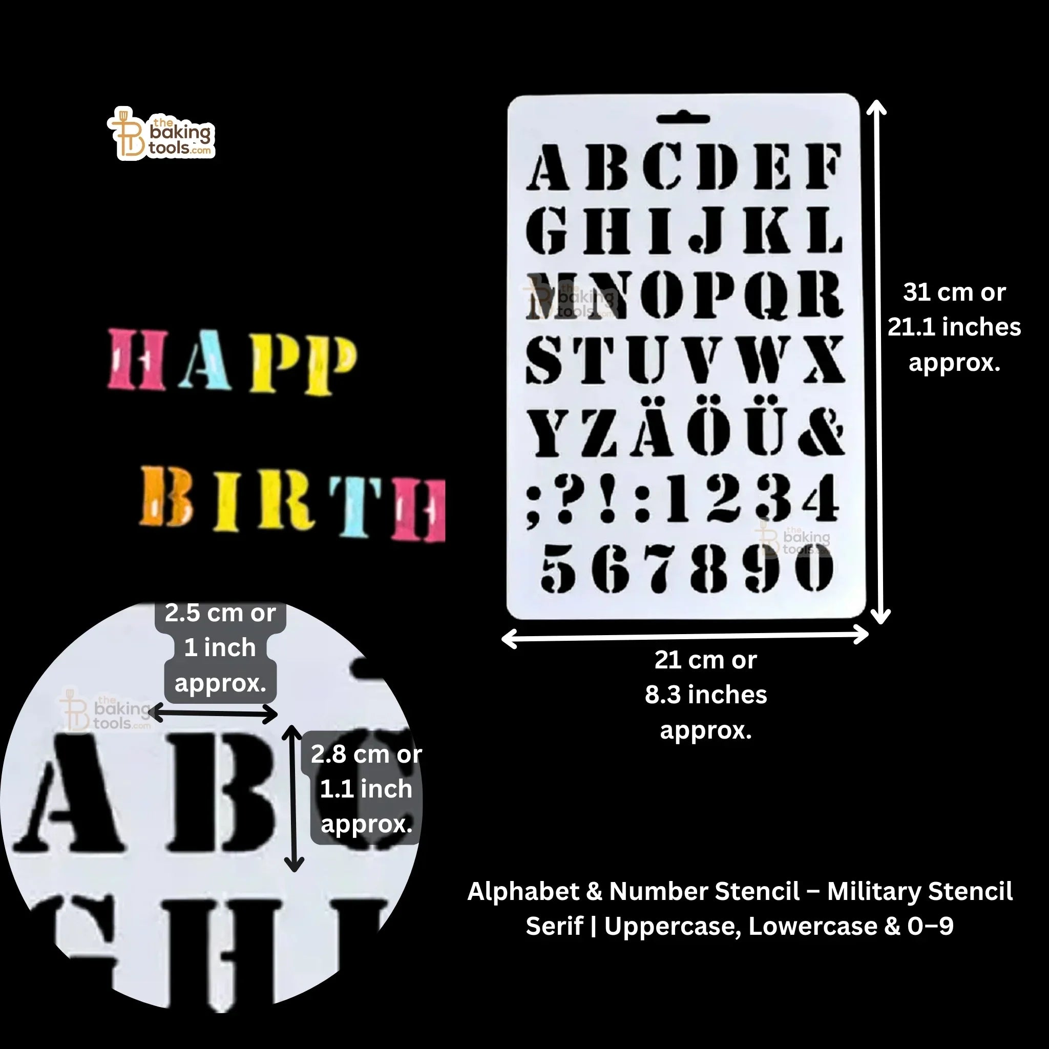 Alphabet and number stencil with dimensions and letter examples on a black background