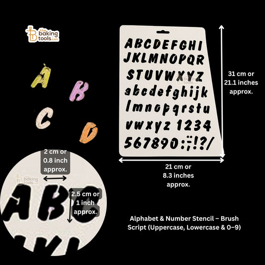 Alphabet and number stencil with measurements on a black background
