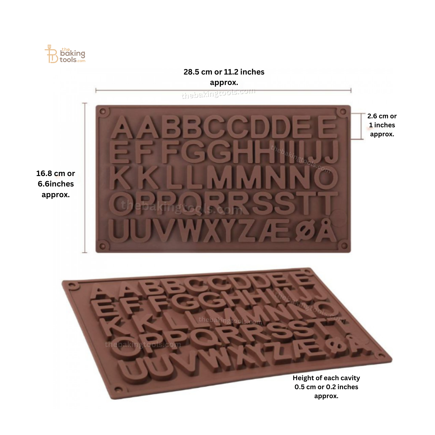 Alphabet Silicon Chocolate Mould _ the baking tools ( its an image of showing alpahabet mould sizes)