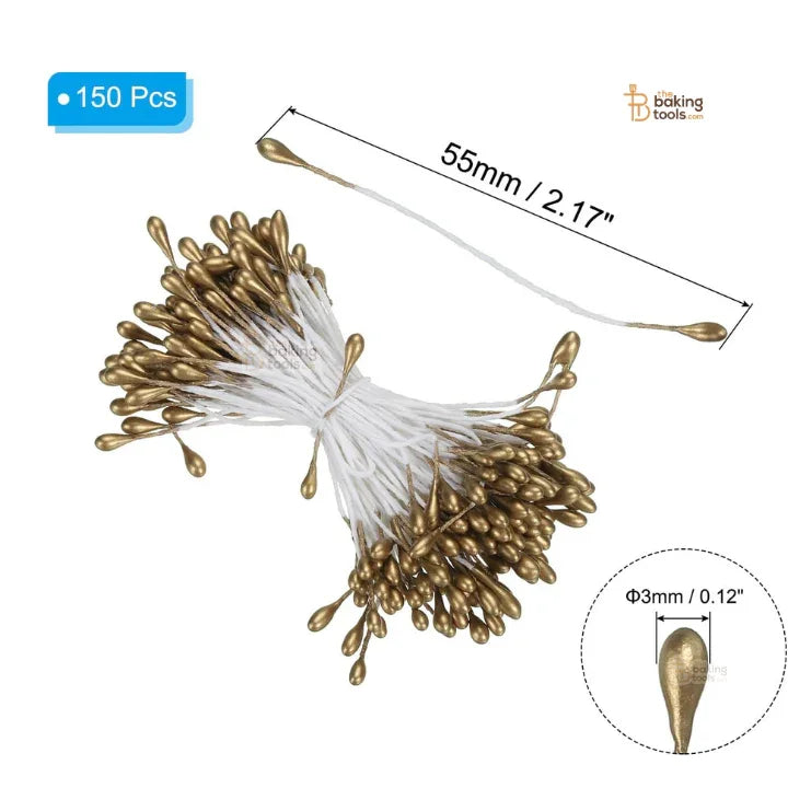 Antique Gold - 150 Pcs Double Headed Pearlized Artificial Flower Stamens Pollens – 5.5cm for Sugar Flowers, Cake Decoration & Craft Making