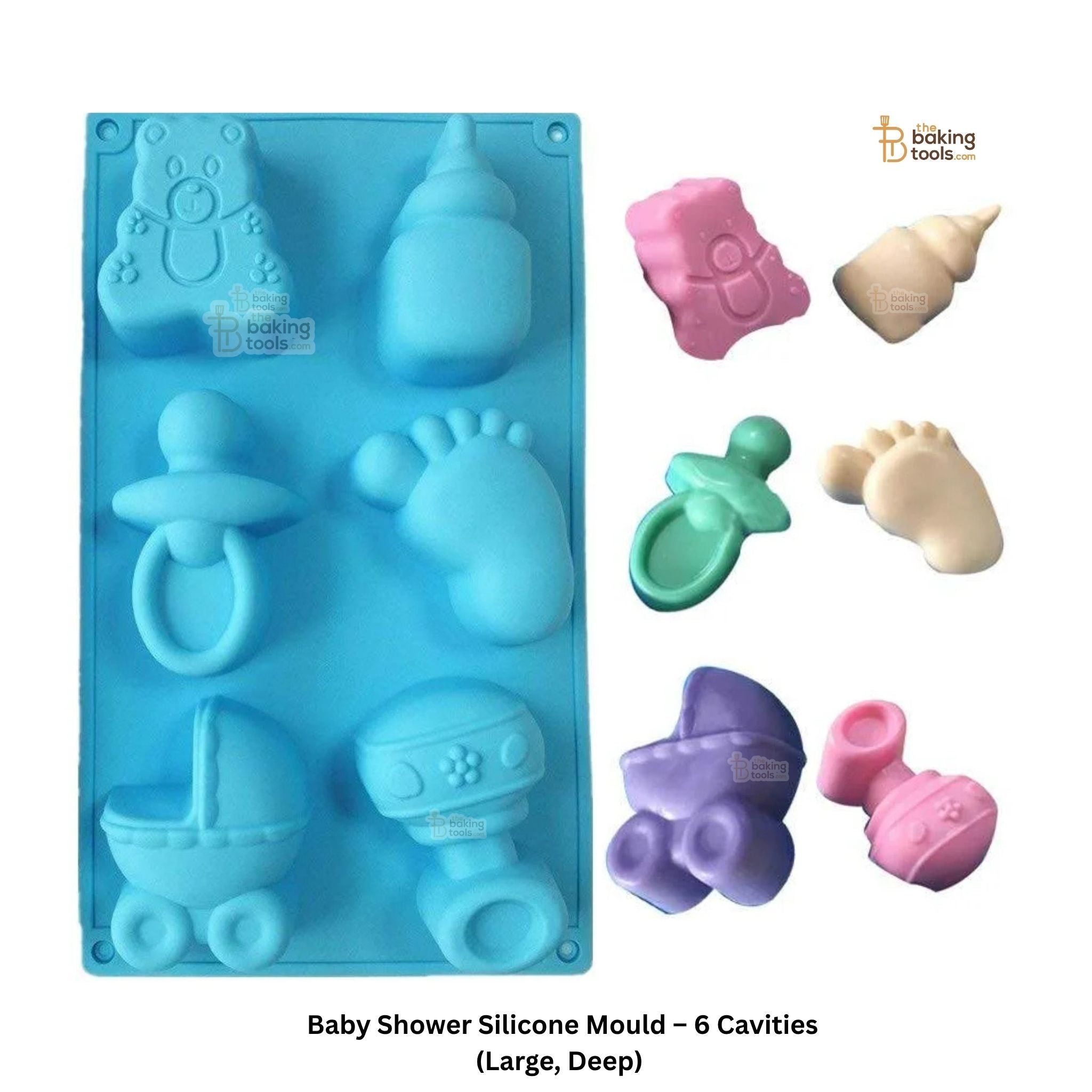 A blue baby shower silicone mold features various shaped cavities against a white background. The molds include a baby trolley, a small teddy bear, a milk bottle, a pacifier, and a rattle toy. This mold can be used to create chocolates and soaps.