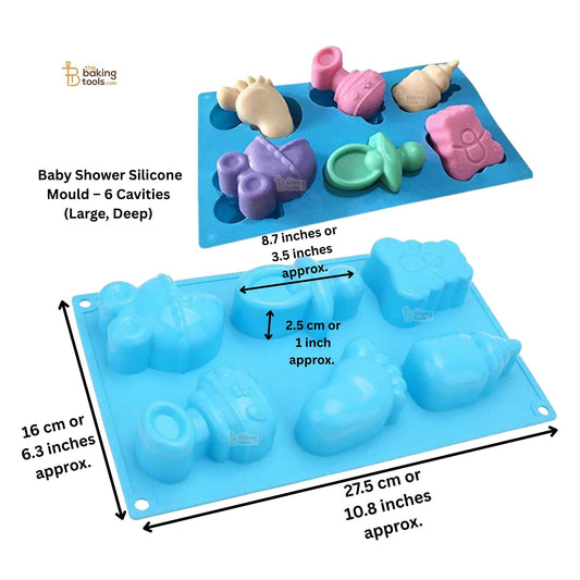 Silicone mould featuring baby-themed shapes set against a white background. The width of the mold is approximately 16 cm (6.3 inches), and its length is about 27.5 cm (10.8 inches). The depth of each cavity is around 2.5 cm (1 inch).