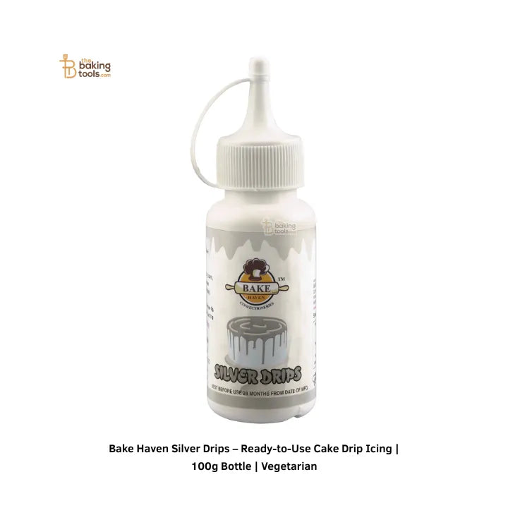 Bake Haven Silver Drips – Ready-to-Use Cake Drip Icing | 100g Bottle | Vegetarian