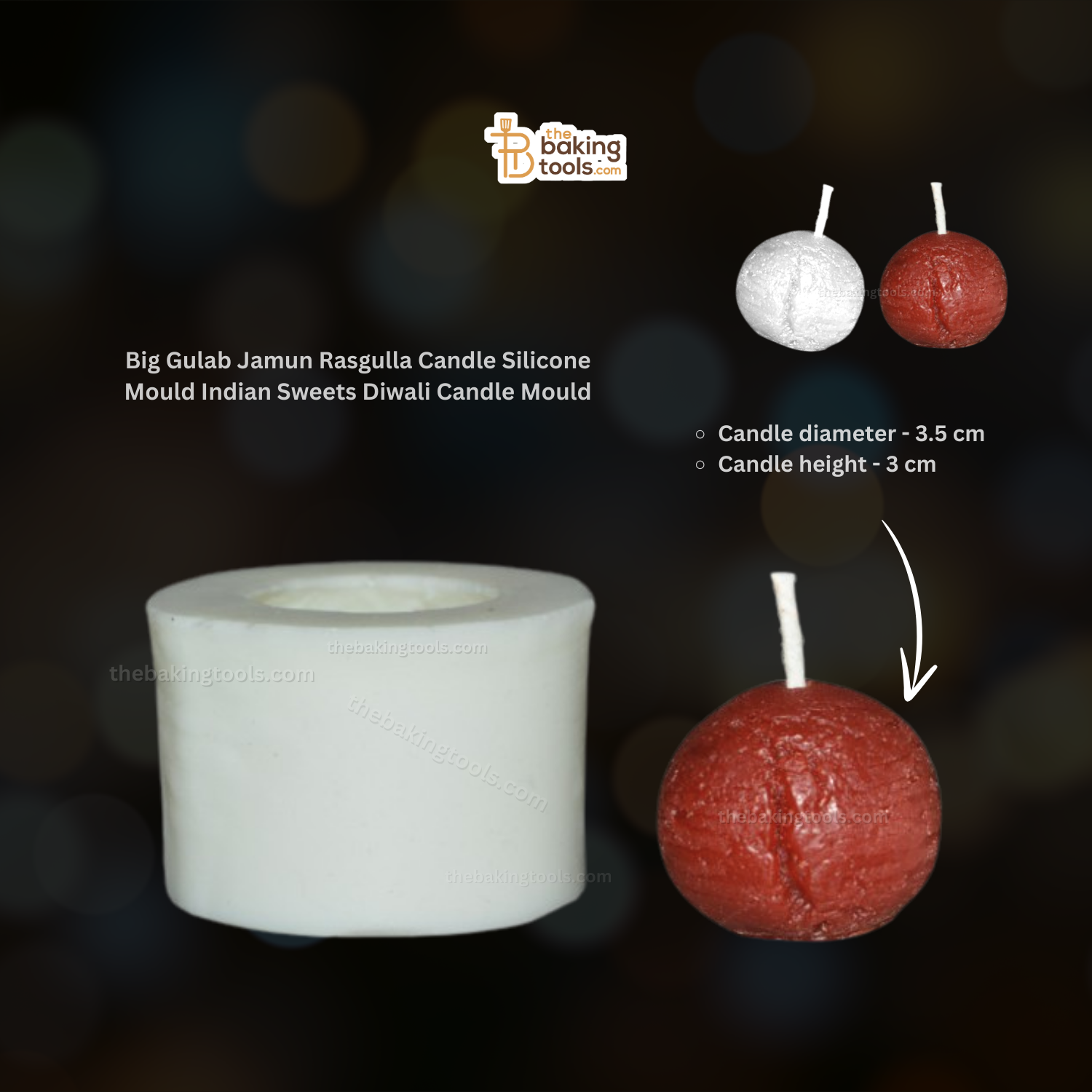 Big Gulab Jamun Rasgulla Candle Silicone Mould Indian Sweets Diwali Candle Mould _ the baking tools (Its an image of Big Gulab Jamun Rasgulla Candle Silicone Mould and Big Gulab Jamun Rasgulla Candle, also mentioning there size and name)