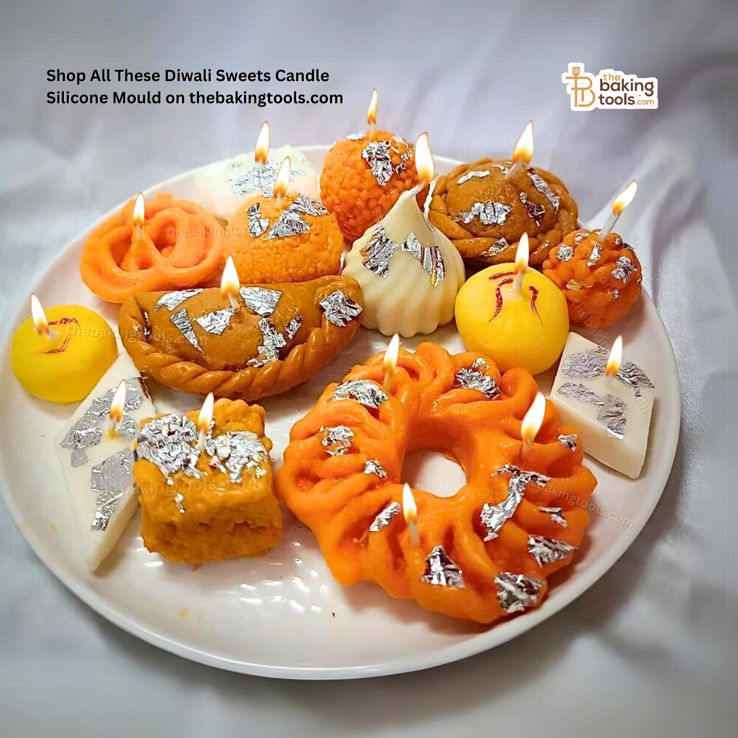 Big Boondi Motichoor Laddu Candle Silicone Mould Indian Sweets Diwali Candle Mould _ the baking tools (Its an image Showing multiple Candle Shapes of Indian Sweets represting the varienty of candles we have)