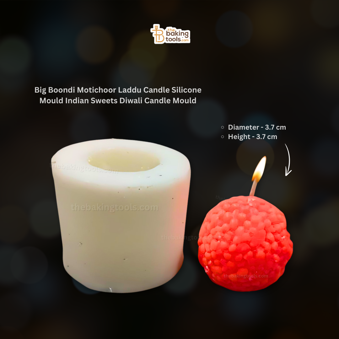 Big Boondi Motichoor Laddu Candle Silicone Mould Indian Sweets Diwali Candle Mould _ the baking tools (Its an image of Big Boondhi Candle Mould and BIg Boondhi Candle, also mentioning there size and name)