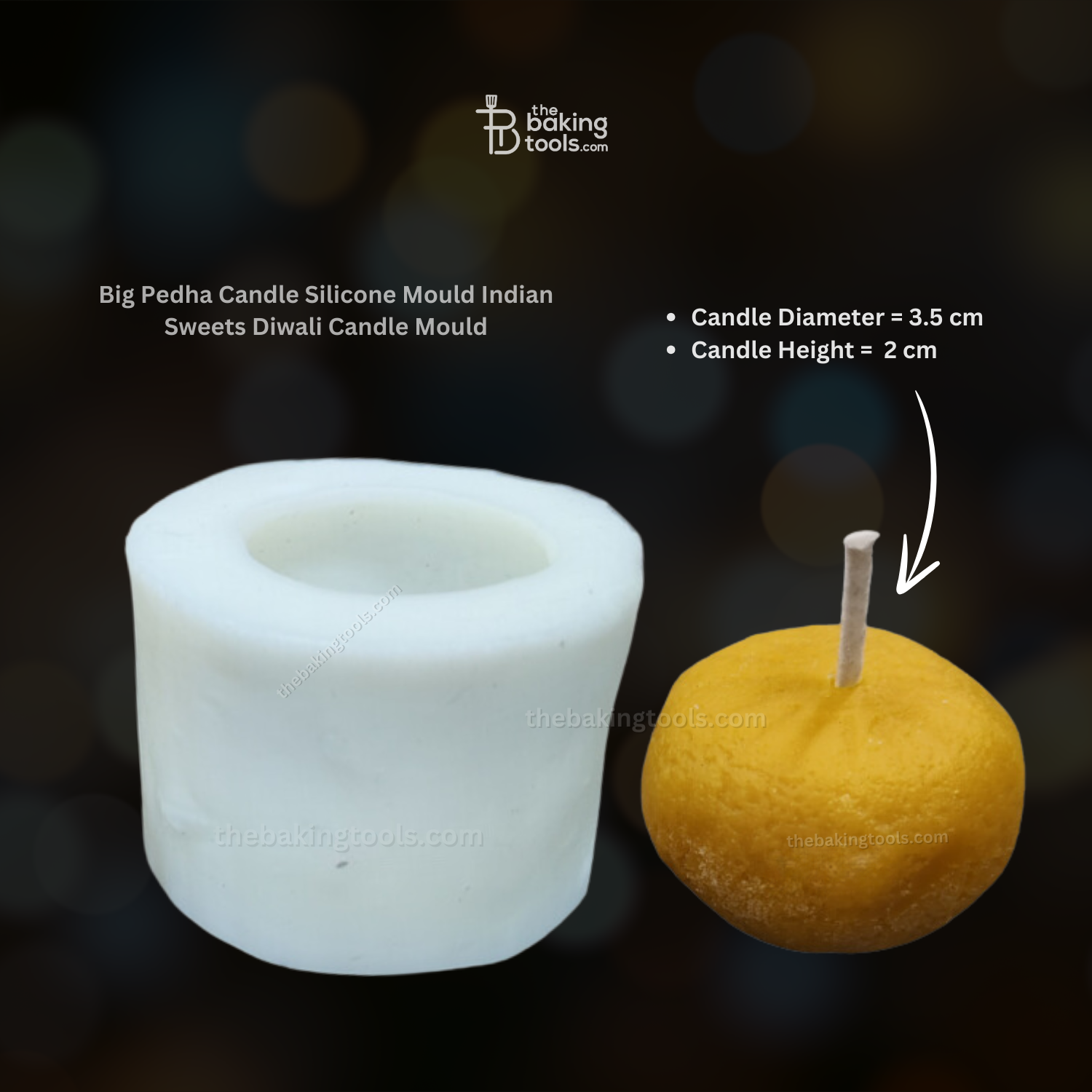 Big Pedha Candle Silicone Mould Indian Sweets Diwali Candle Mould _ the baking tools ( its an image of Big Pedha Candle Silicone Mould with its out-come with a little a finishing result Big Pedha Candle with its size mentioned)