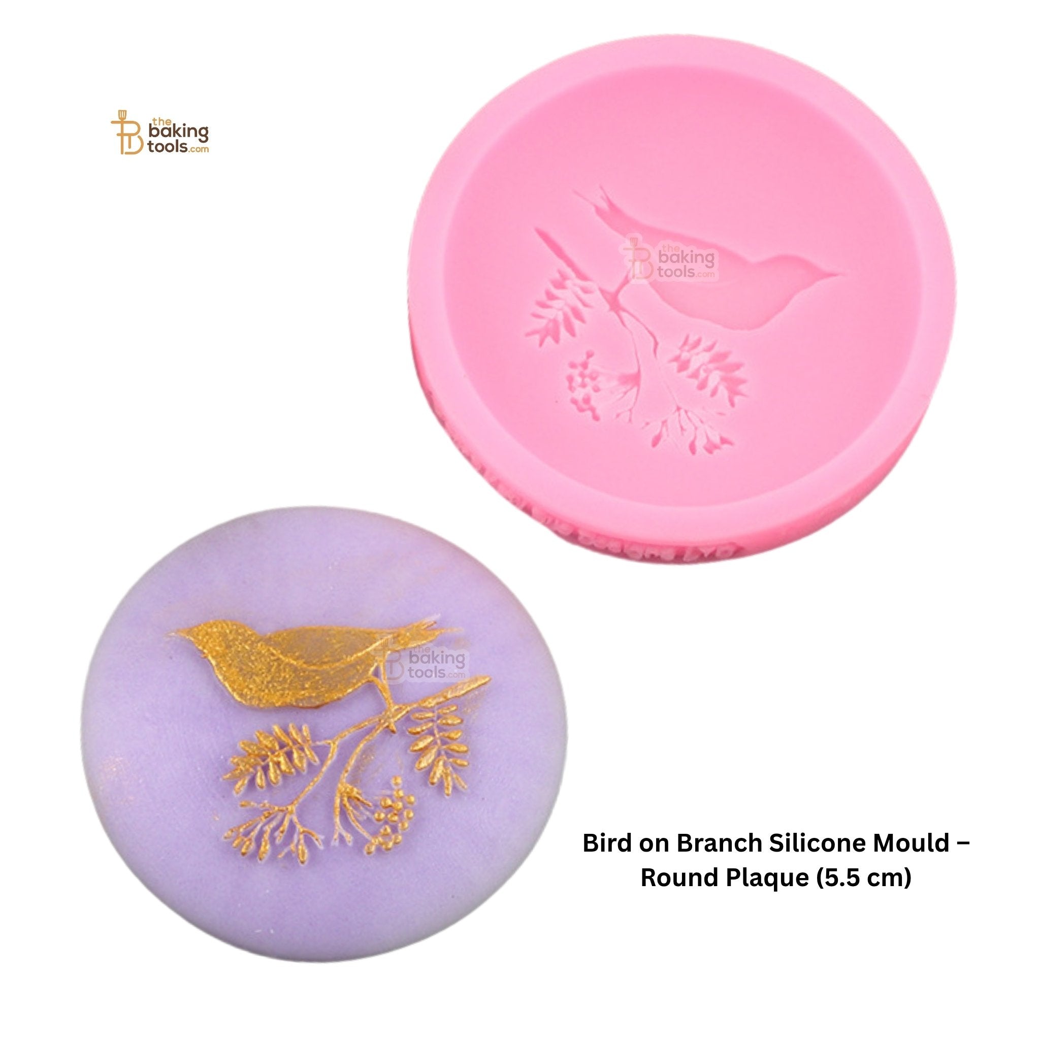 Two silicone moulds, one purple and one pink, with bird designs on a white background.