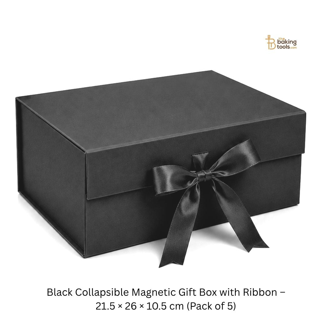 Black Collapsible Magnetic Gift Hamper Box with Ribbon – 21.5 × 26 × 10.5 cm (Pack of 5)