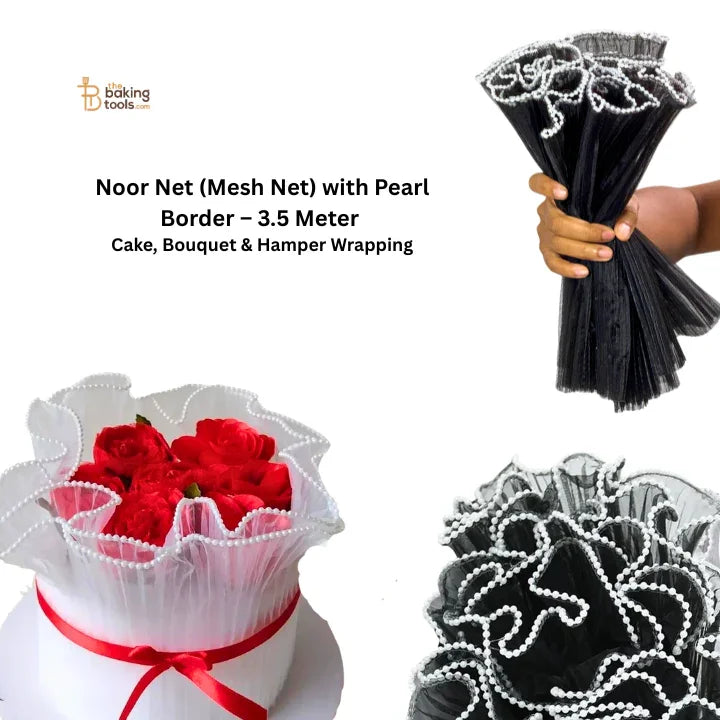 Black Noor Net (Mesh Net) with Pearl Border – 3.5 Meter | Cake, Bouquet & Hamper Wrapping