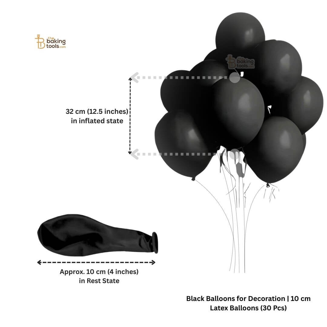 Black balloons for decoration with size measurement. 
Inflated state: 32 cm (12.5 inches) 
Rest state: Approximately 10 cm (4 inches)