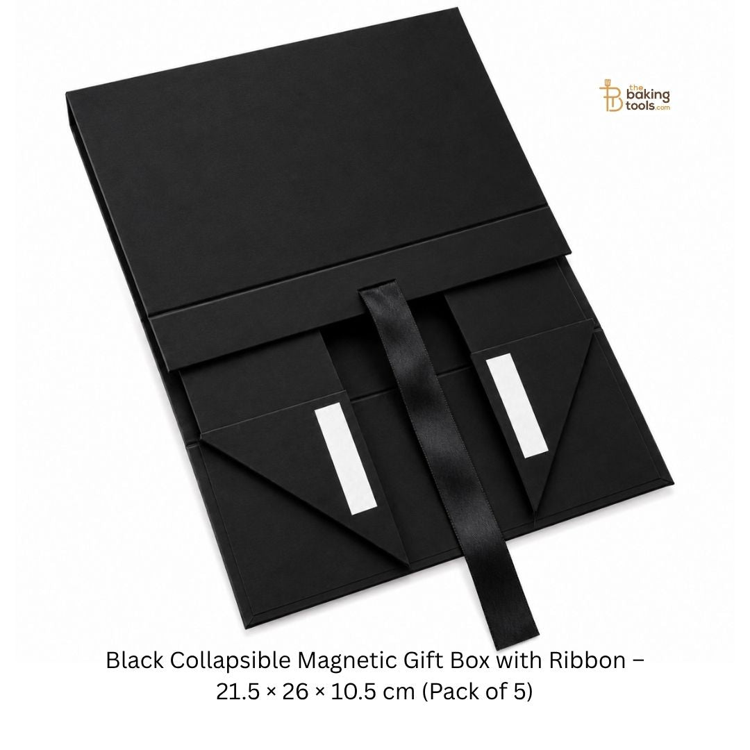 Black Collapsible Magnetic Gift Hamper Box with Ribbon – 21.5 × 26 × 10.5 cm (Pack of 5)